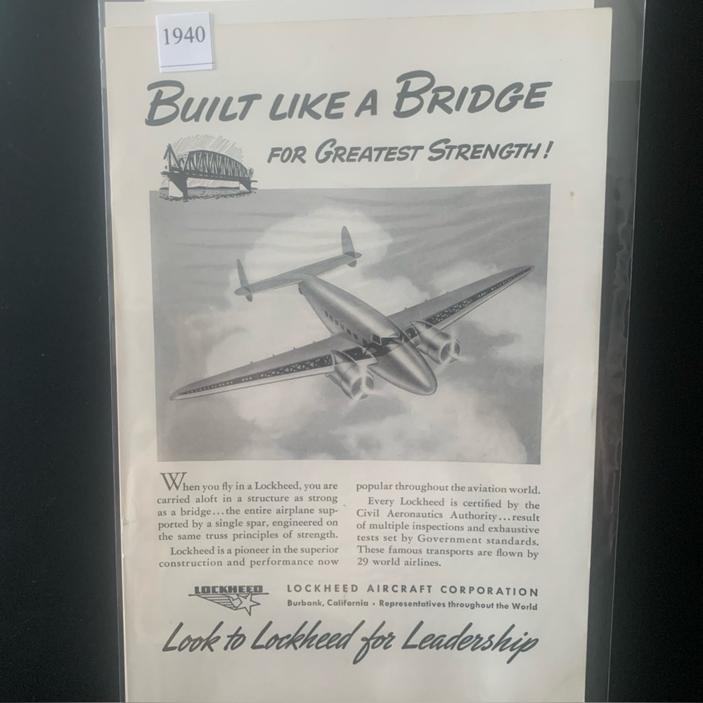 Vintage 1940 Lockheed Built Like A Bridge For Greatest Strength Ad Advertisement